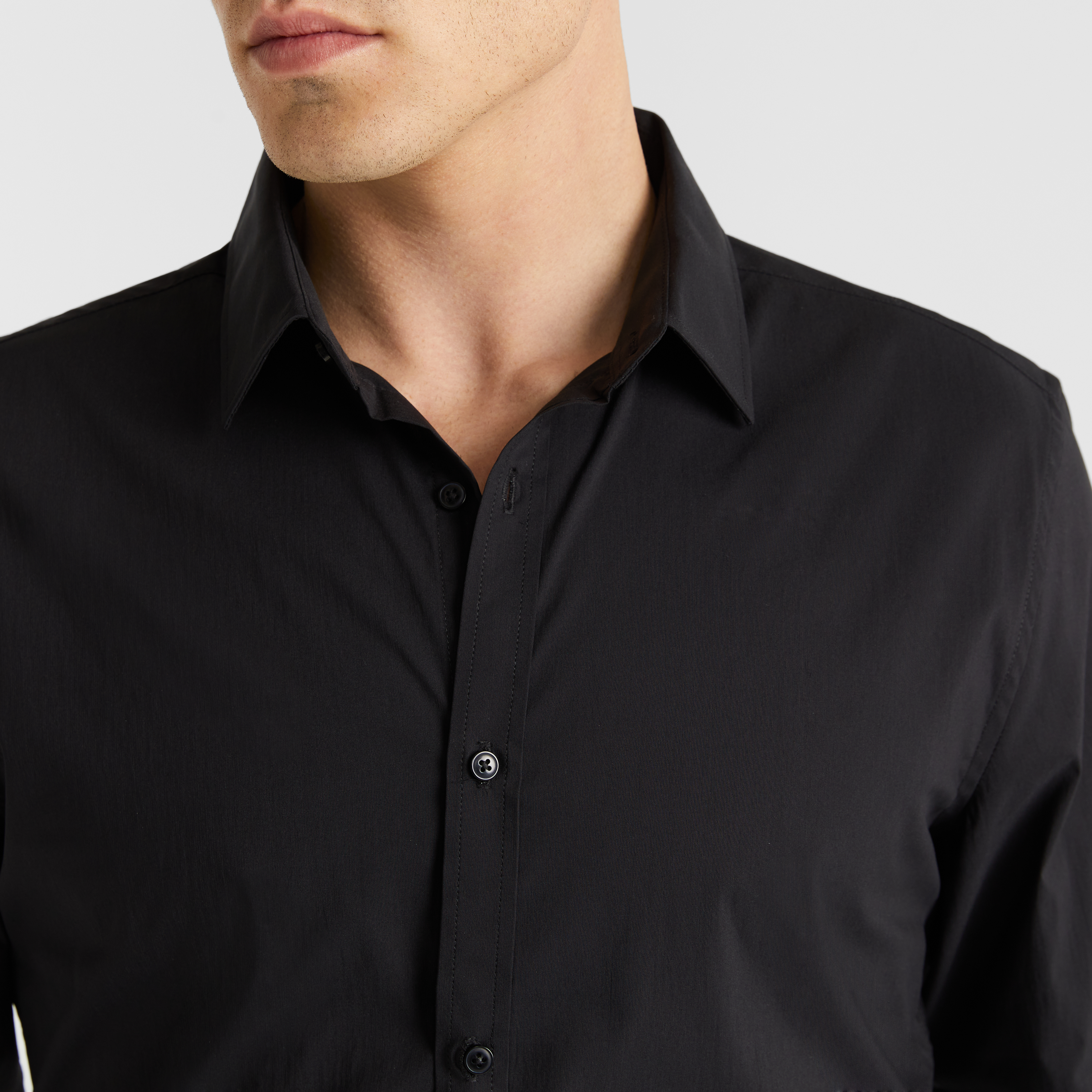 Black Plain Stretch Slim Dress Shirt 
