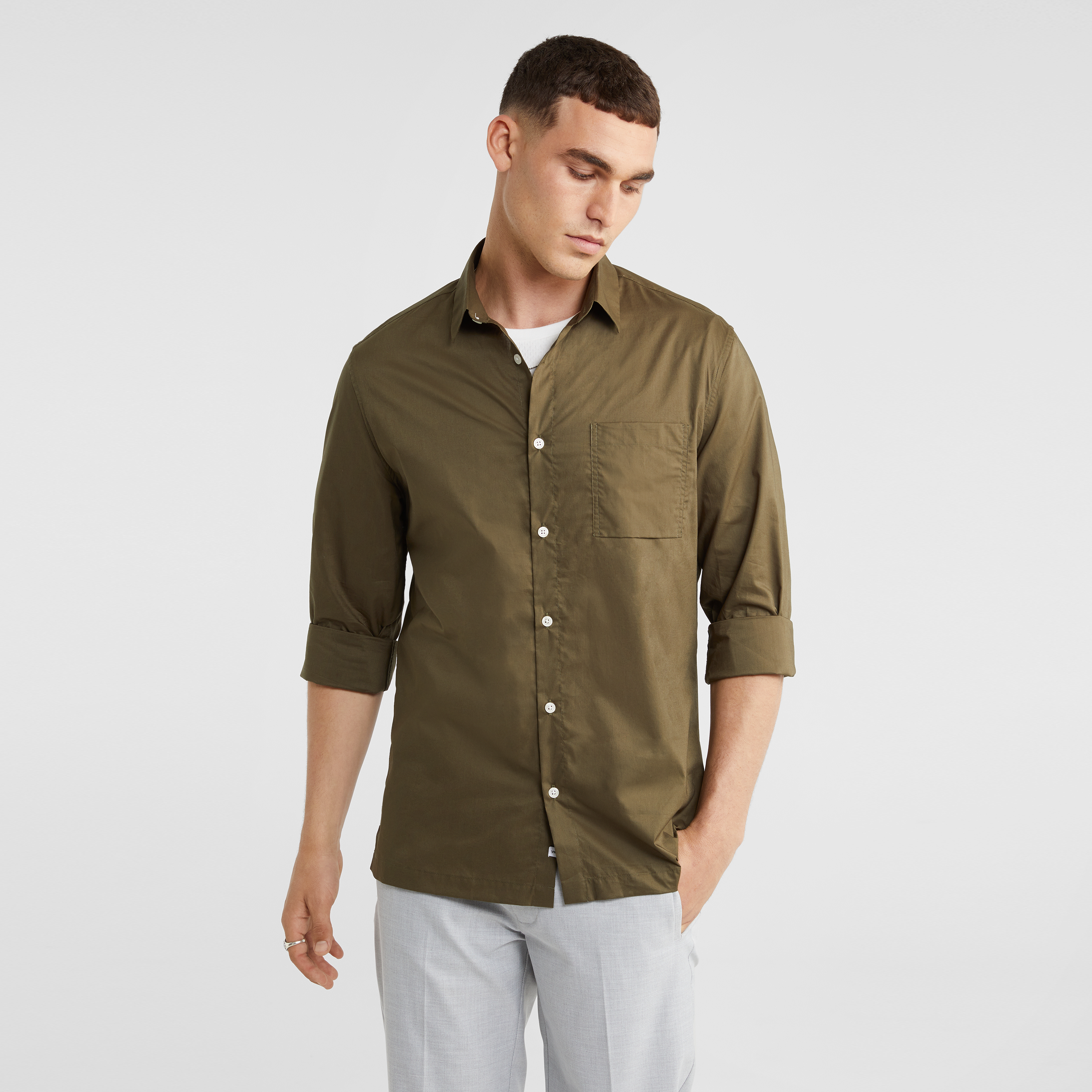 Khaki Utility Cotton Shirt | Men's Tops 