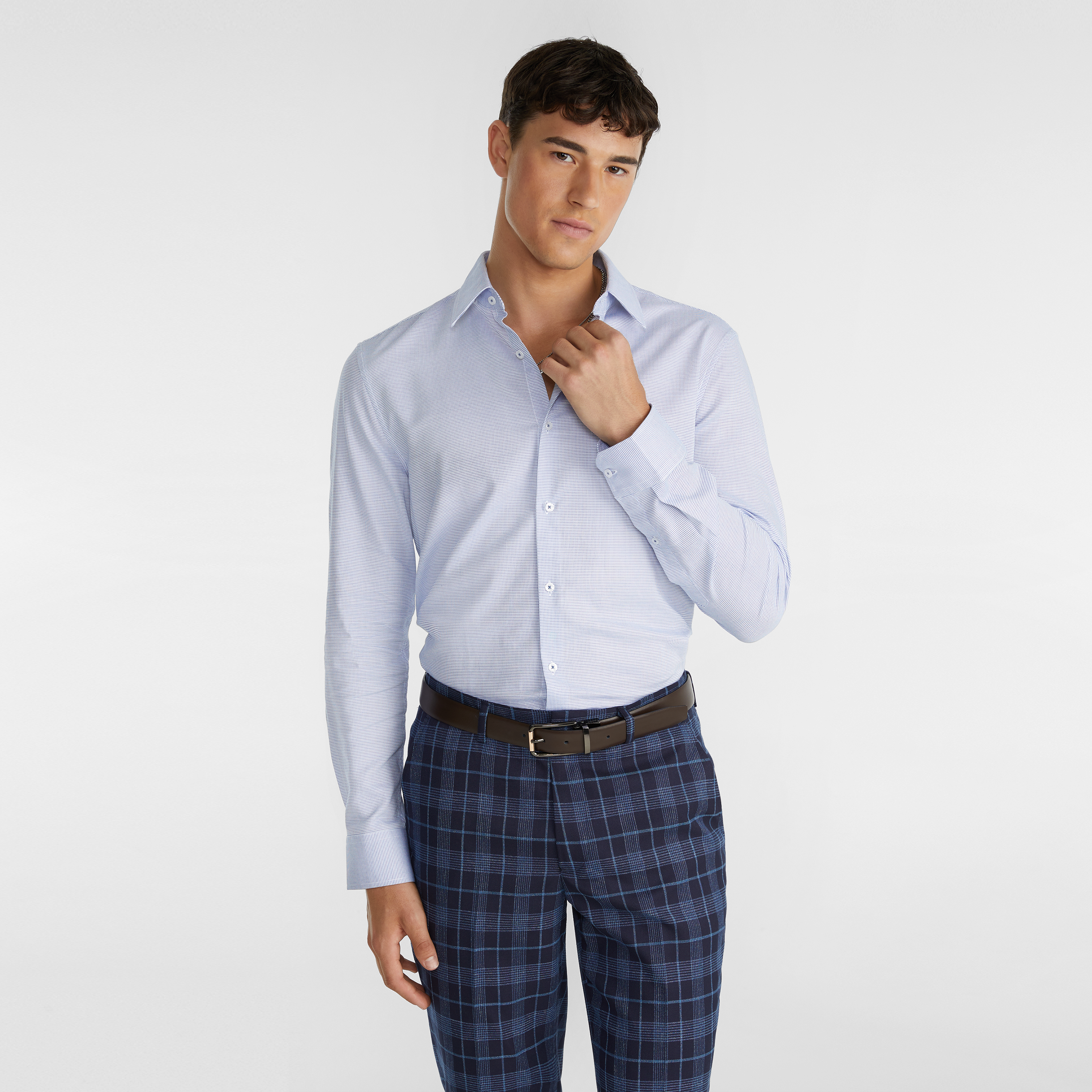 blue chex pant and white shirt