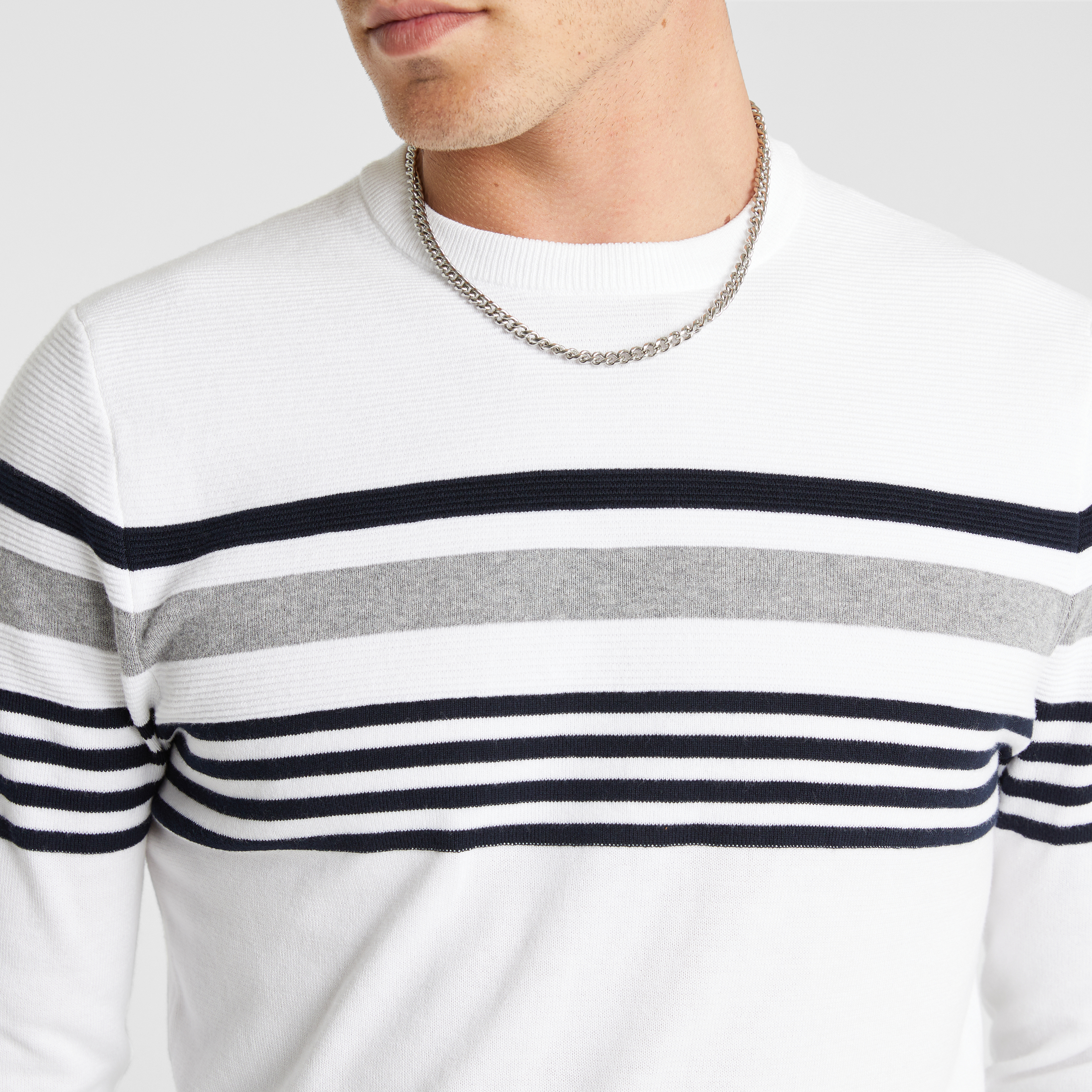 White Token Crew Neck Spliced Knit