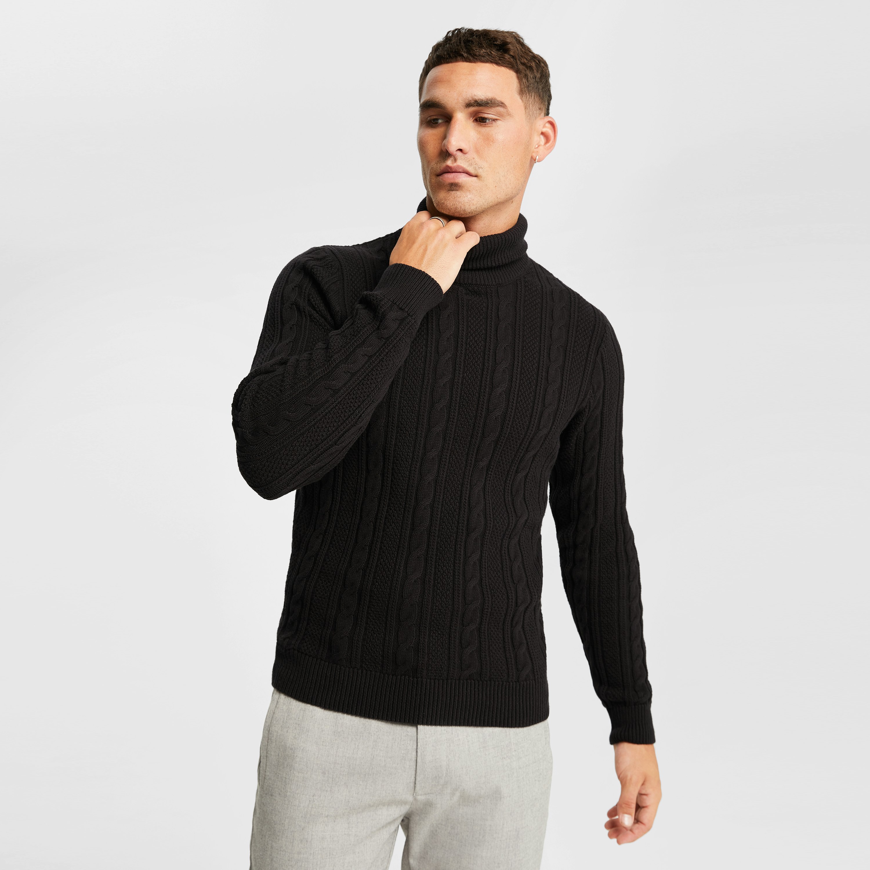 Black Tommy Turtle Neck Cable Knit Jumper | Men's Tops | yd AU