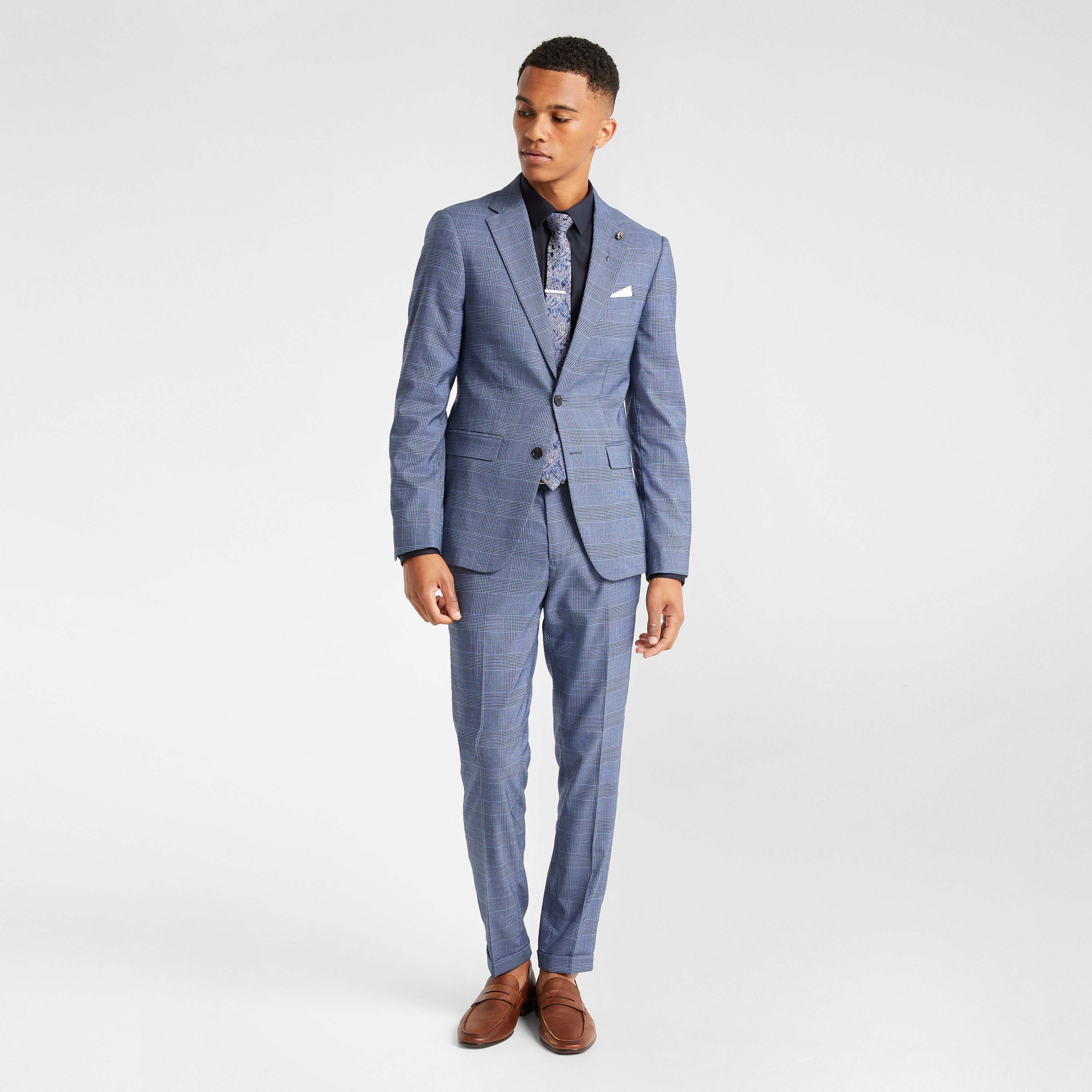 Blue Skinny Fit Checked Suit Trousers