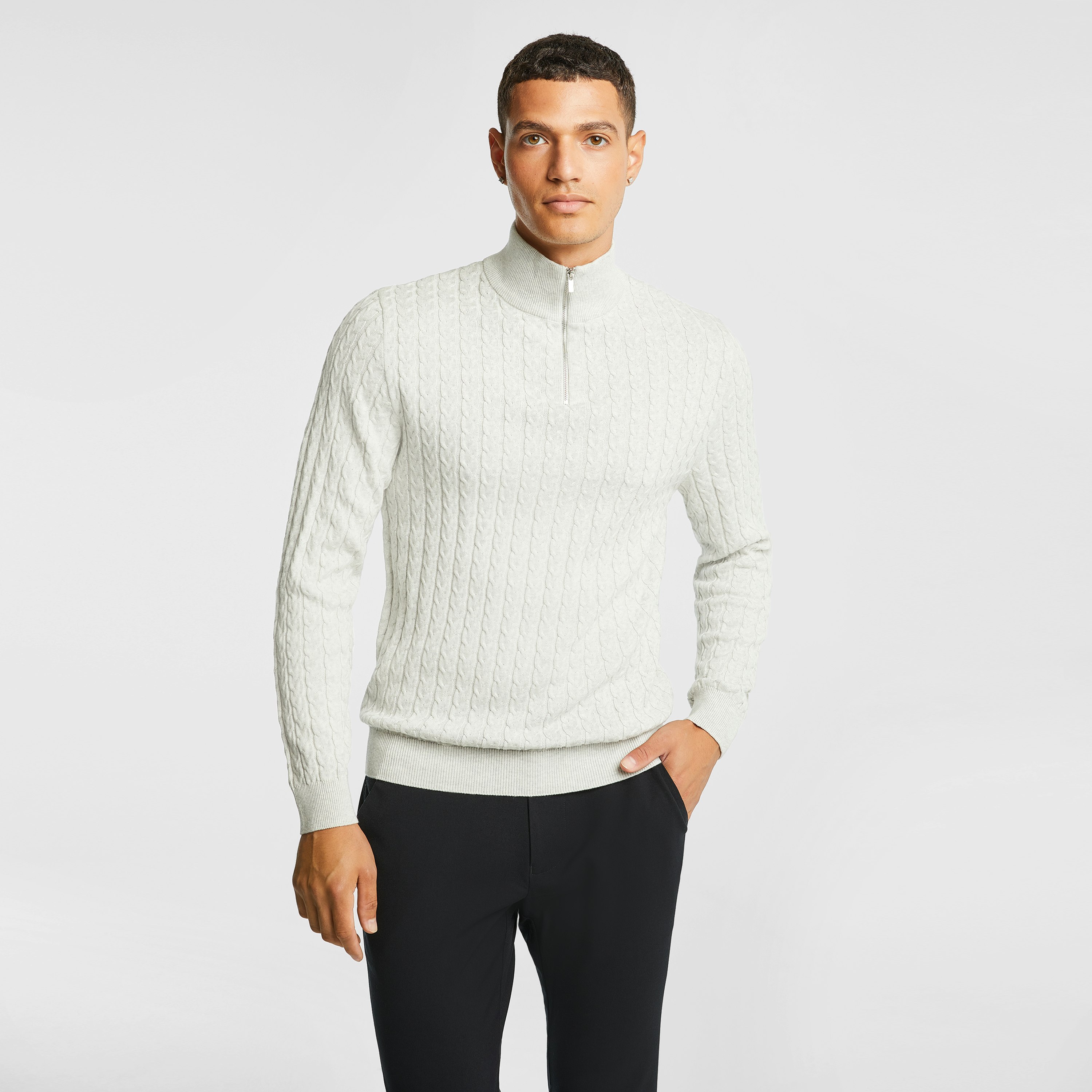 Light Grey Marle Eddie 1/4 Zip Cable Knit Jumper | Men's Tops | yd AU