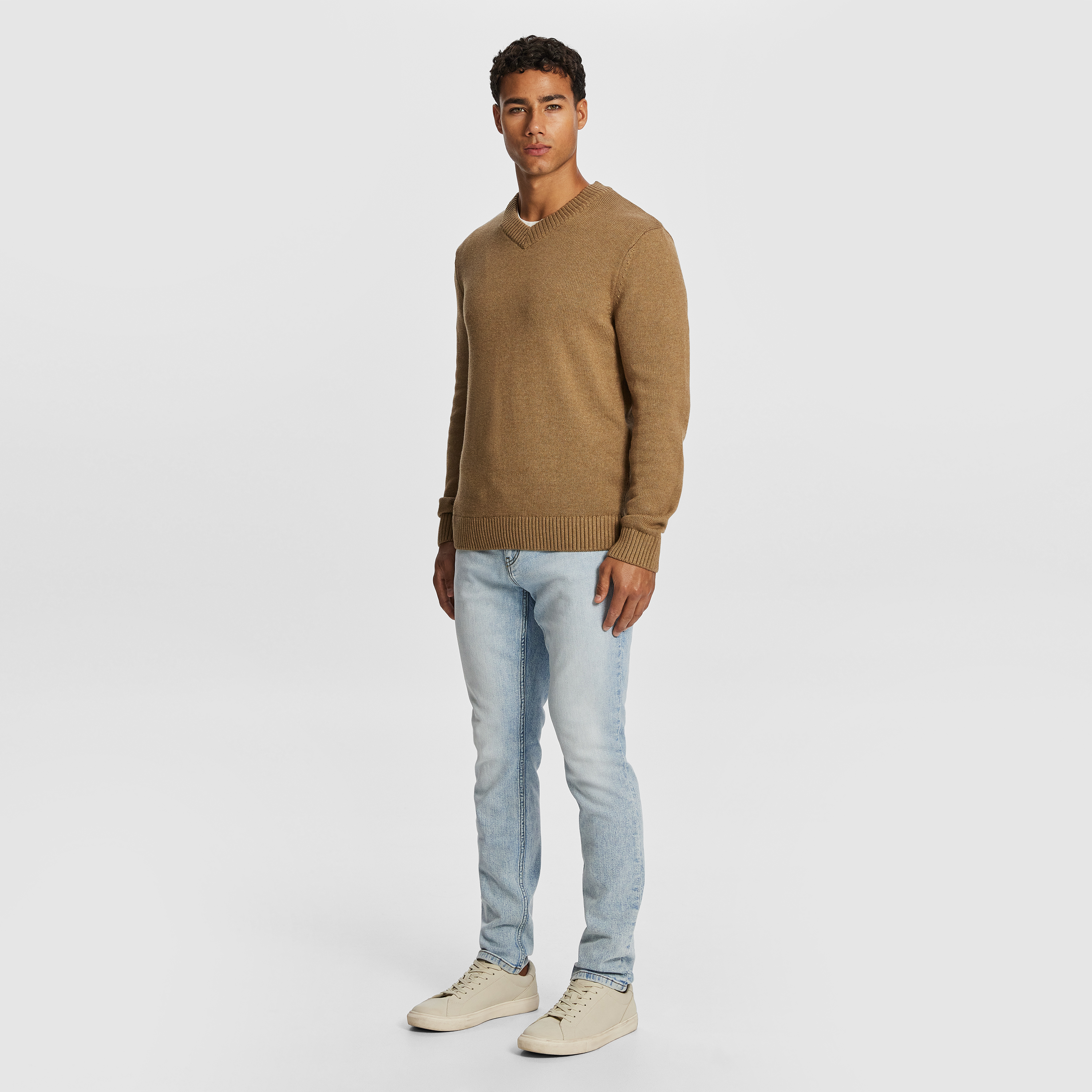 Camel Thornton V Neck Knit Jumper