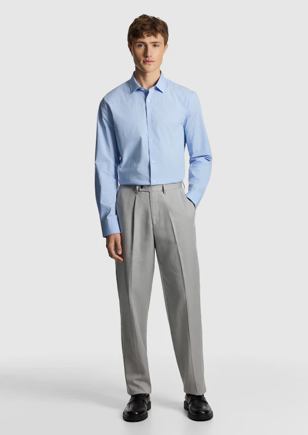 Blue Linear Slim Stretch Dress Shirt