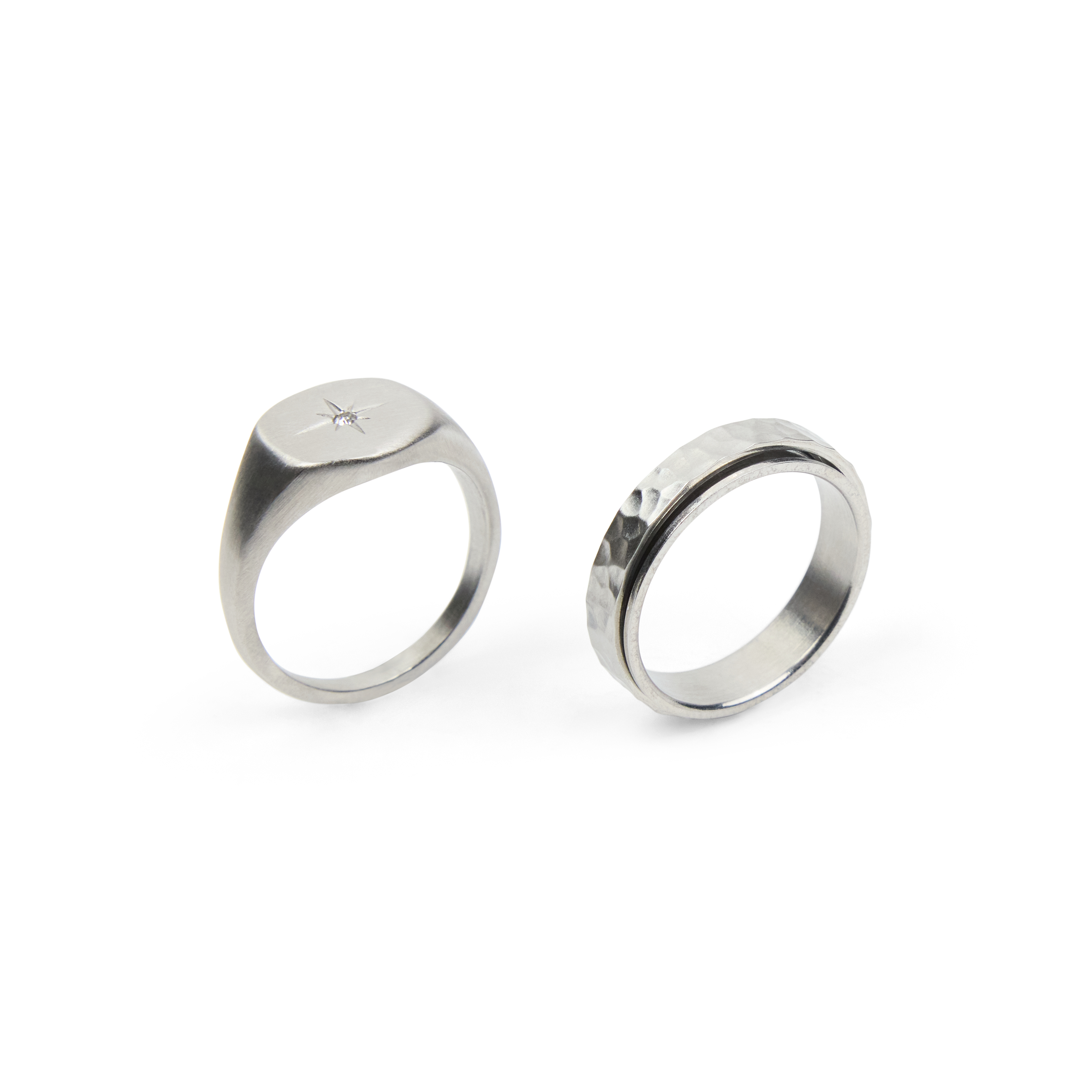 Silver 2 Piece Icon Signet Ring Set