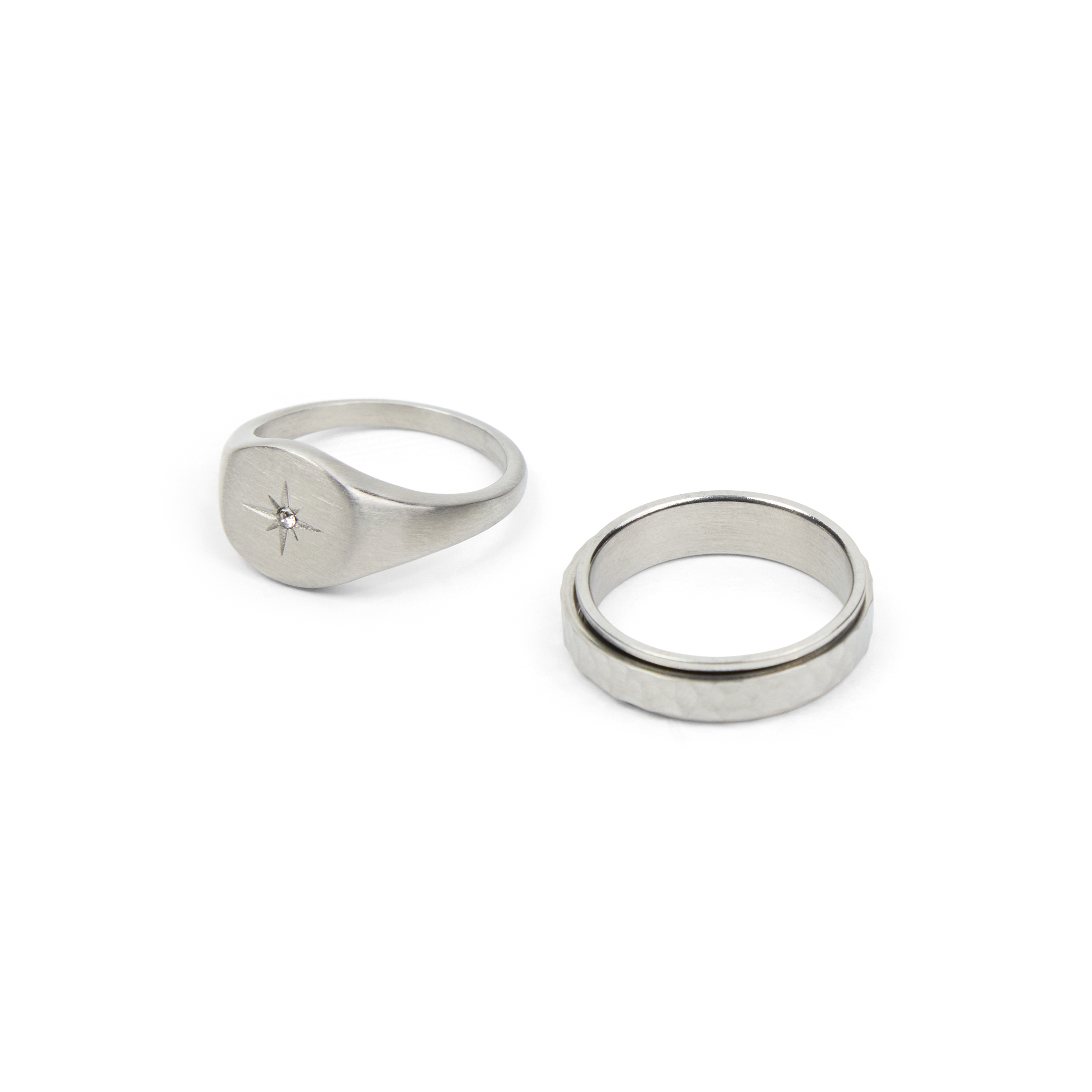 Silver 2 Piece Icon Signet Ring Set