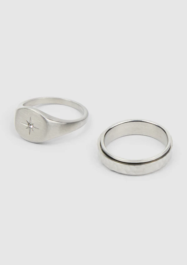 Silver 2 Piece Icon Signet Ring Set