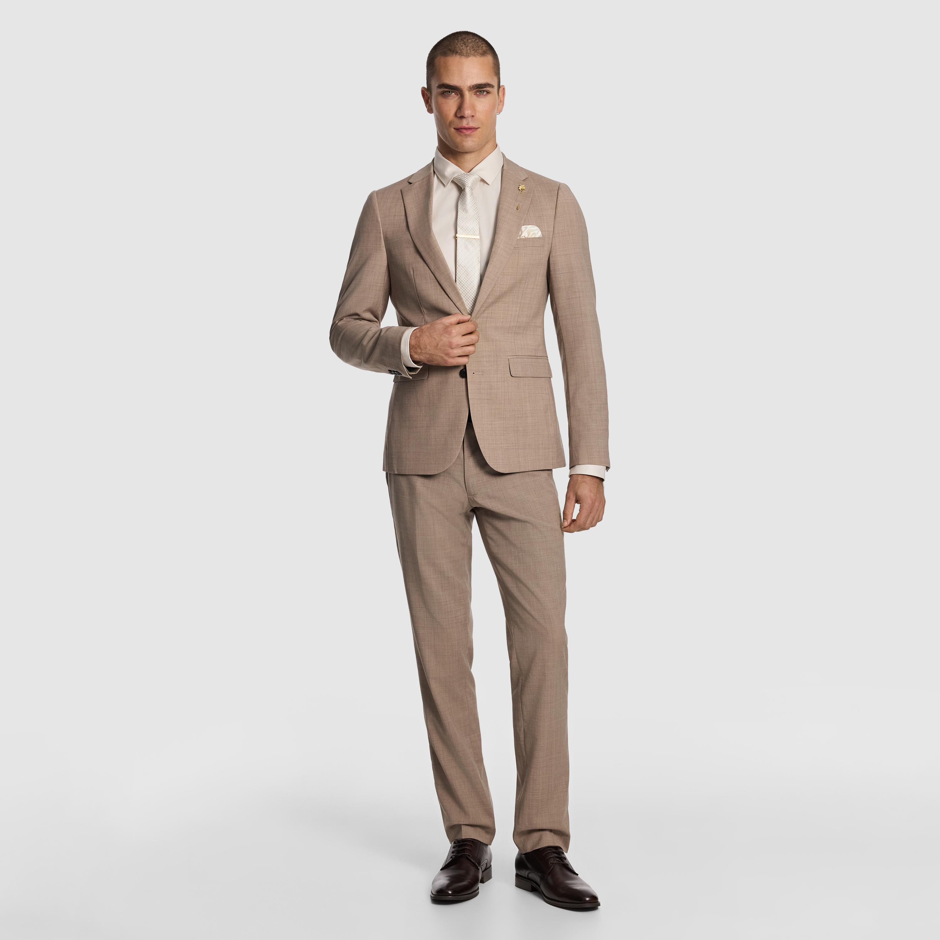 Latte Cash Wool Blend Slim Suit Jacket