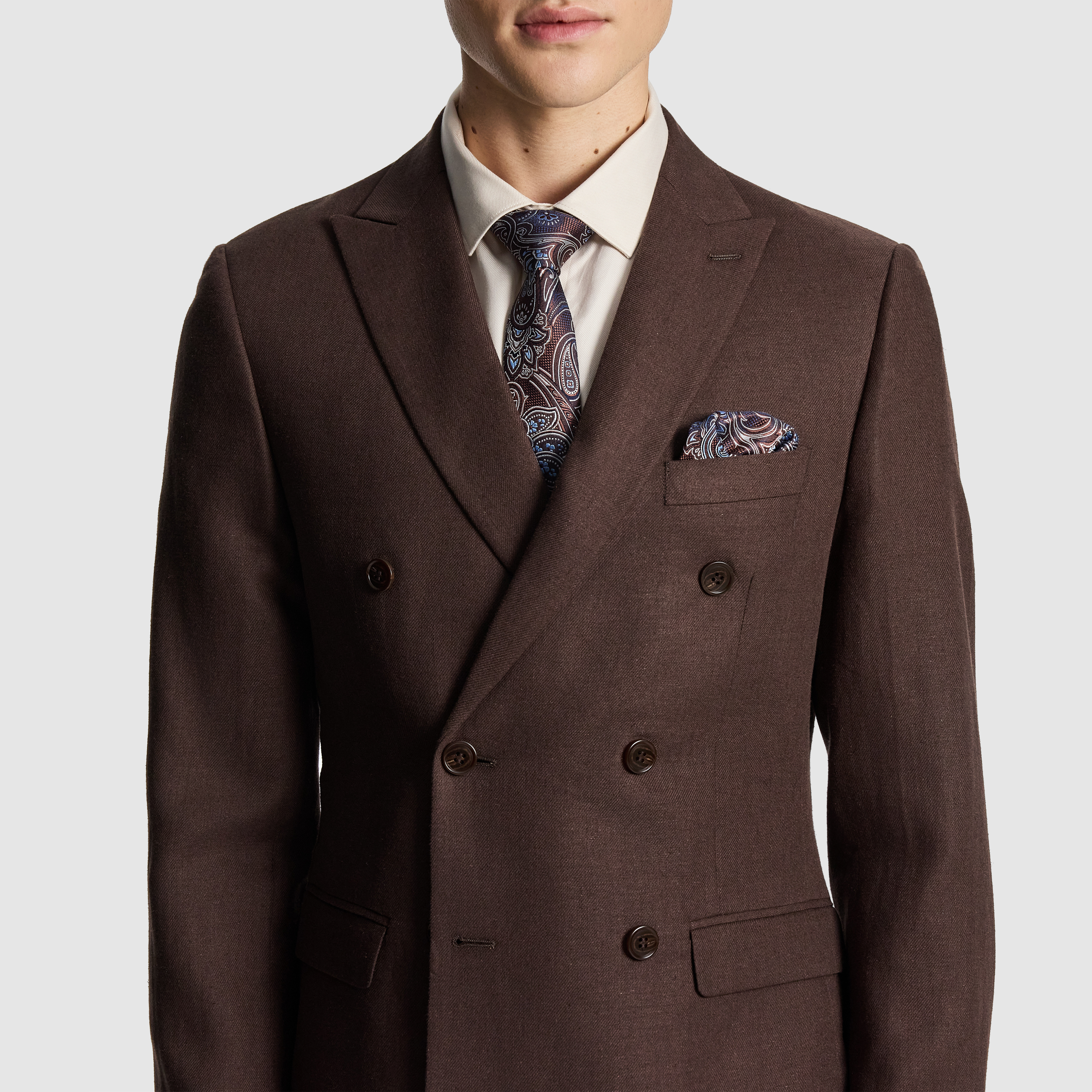 Chocolate Santos Linen Blend Double Breasted Suit Jacket