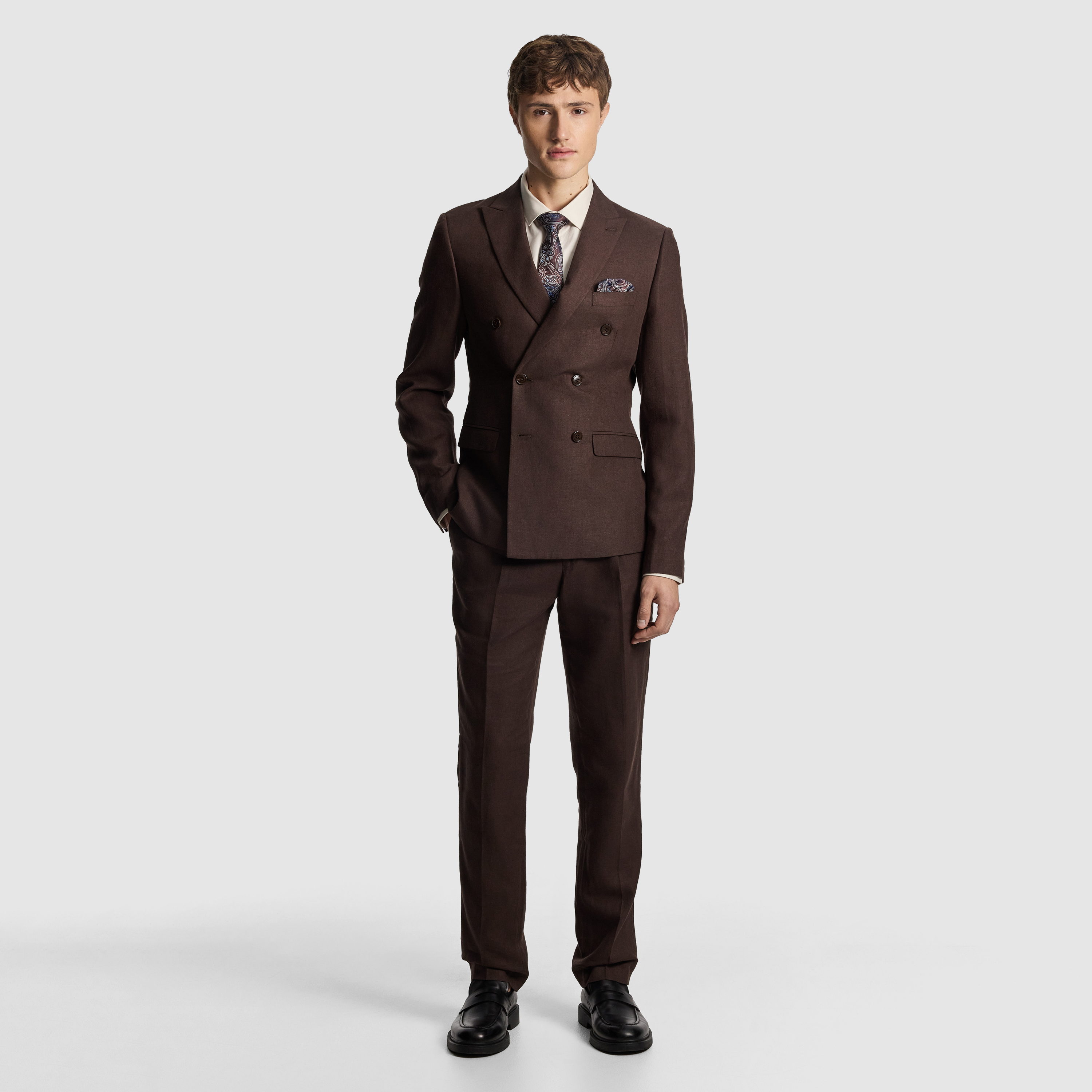 Chocolate Santos Linen Blend Double Breasted Suit Jacket