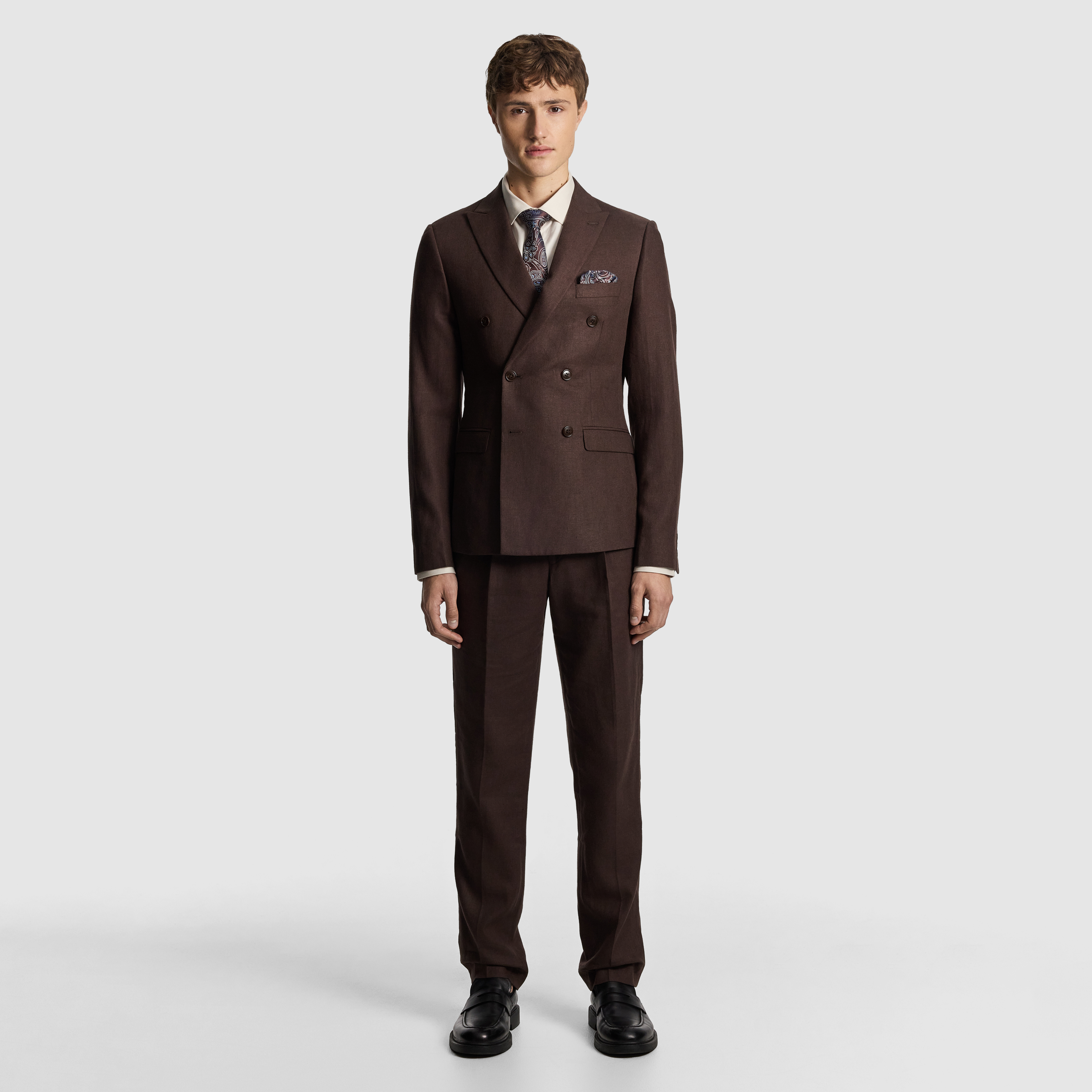 Chocolate Santos Linen Blend Double Breasted Suit Jacket
